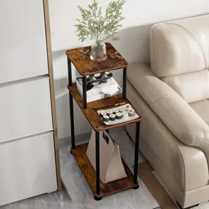 26in High Small Three-Tier Iron Wood Side Table, Coffee Table Bedside Lamp Stand, Storage Rack for Living Room Bedroom Kitchen Bathroom Office Corridor, Rustic Wood Table, Rustic Hallway Table
