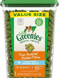 FELINE GREENIES Adult Dental Cat Treats, Oven Roasted Chicken Flavor, 9.75 oz. Tub