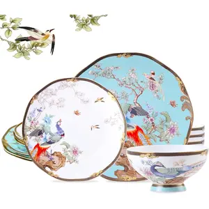 Bone China Dinnerware Set, Vintage Floral Fine China Dinnerware Sets, Porcelain Dinnerware Sets for 4, Light Blue 12 Piece Fine China Set Lightweight Dinnerware Set Christmas Gifts (Blue) Plates Tableware