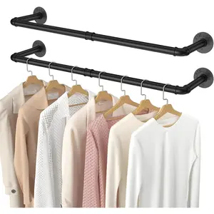 2 Pack Clothing Rack Wall Mount, Industrial Pipe Clothes Rack 38.4IN,Heavy Duty Iron Garment Rack Bar for Closet,Laundry Room, Multi Purpose Hanging Rod,Black