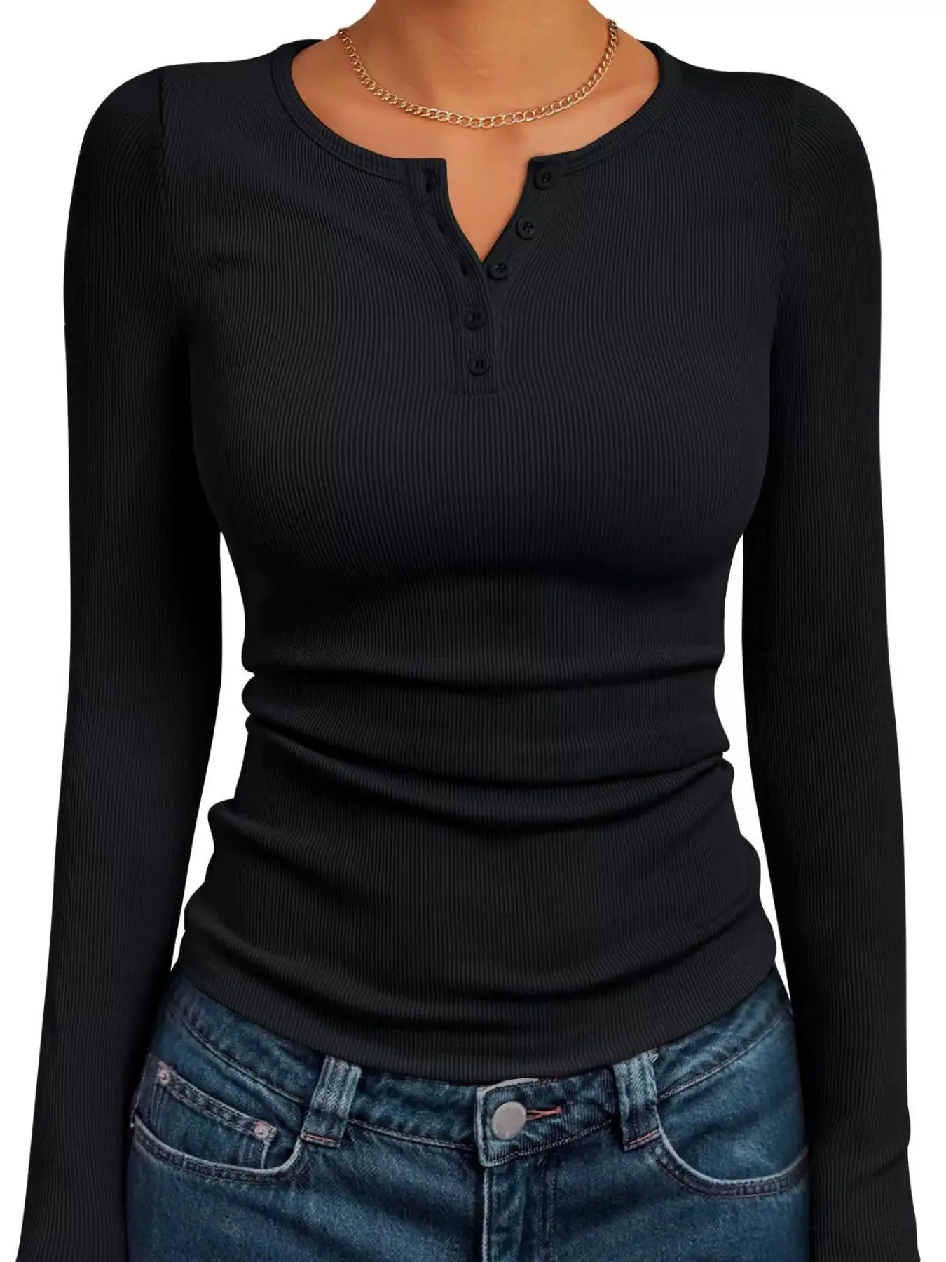 Women's Ribbed Long Sleeve T-Shirt Button, Casual Loose-Fitting Top for All Seasons, Comfortable Daily Wear, Stylish Ladies' Clothing