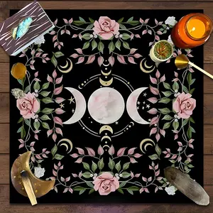 Pastel Rose Triple Moon Design Square Tarot Tablecloth, Retro style home decor, Atmosphere, Altar Cloth Multiple Sizes Polyester Fabric, Easy to Clean and Maintain Divination Cloth for Spreads & Rituals Gift for family and friends