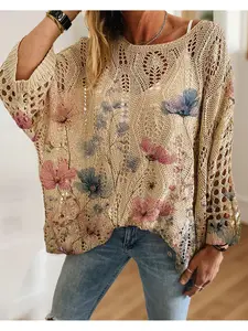 Women's Bohemian Long Sleeve Batwing Knit Hollow Out Top, Casual Elegant Chic Vacation Style Floral Print Pullover Sweater, Floral Design Knit, Comfortable Breathable Loose Fit Knitwear