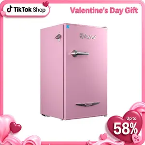 Upstreman mini fridge Retro BR321 PRO 3.2 Cu.Ft with Bottle Opener Energy Saving Adjustable Thermostat Metal Handle LED Lamp Small Refrigerator for Bedroom Office Dorm Pink