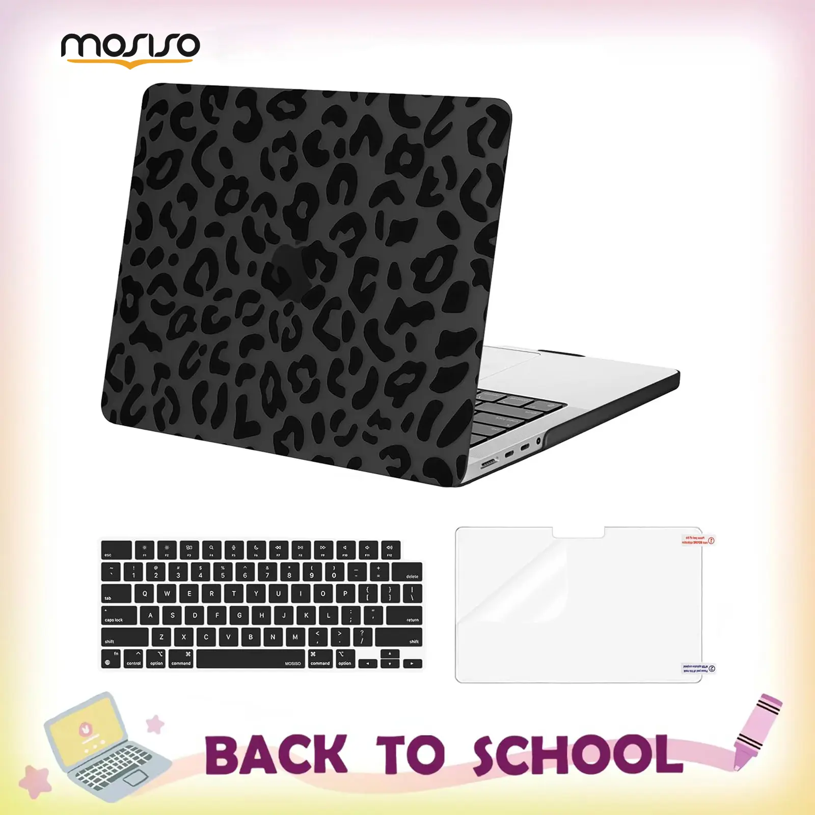 MOSISO Compatible with MacBook Pro 14 inch Case M5 M4 M3 M2 M1 2026-2021 A3427 A3426 A3434 A3112 A3185 A3401 A2918 A2992 A2779 A2442 Pro Max, Leopard Grain Shell&Keyboard Cover&Screen Protector,Black, School, Animal Print, Office, Plastic, Commuting, 3-In
