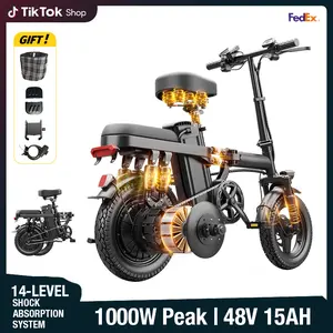 Lightweight Folding Electric Commuter Bike, 500W Motor (1000W Peak Power), 14-in Tires, 48V 15Ah Battery, 30-KM/45KM Range, 16-Level Certified Shock Absorption System, Smart Urban Ebike with Brakes, Lightweight Folding Bike