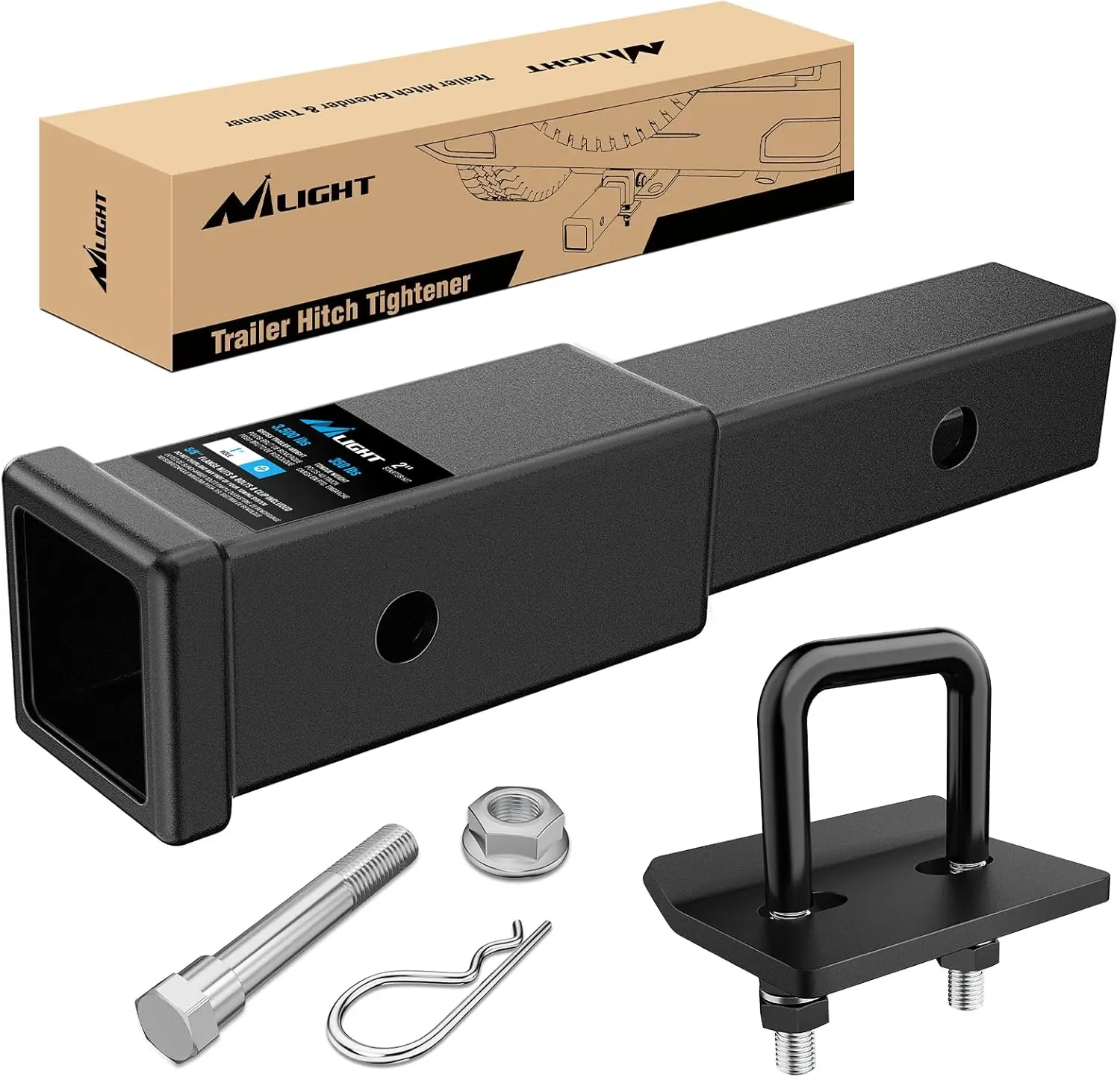 Nilight 2" Vehicle Trailer Hitch Extender - 7in Extension, Stainless Steel Anti-Rattle Tightener Stabilizer, 5/8" Bolt Nut Clip, 3500 lbs GTW, Matte Black, Durable for Class 3 or 4 Trailer Receiver Towing Use, Class Ⅲ Or Ⅳ Trailer Receiver