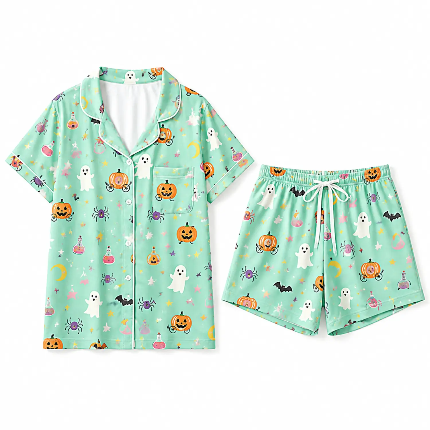 Halloween Ghost Pumpkin Print Short Sleeve Button Pajama Set with Pocket and Drawstring Shorts for Women, Mint Green