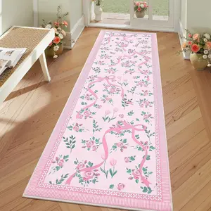 Anti-slip carpet for hallways, 1Pc kitchen carpet, pink bedroom mat, Floral pattern rug, low-pile soft washable floral bow rug, suitable for hallways, living rooms, bedrooms, kitchens, gift, home decor, Home Decorative Rug