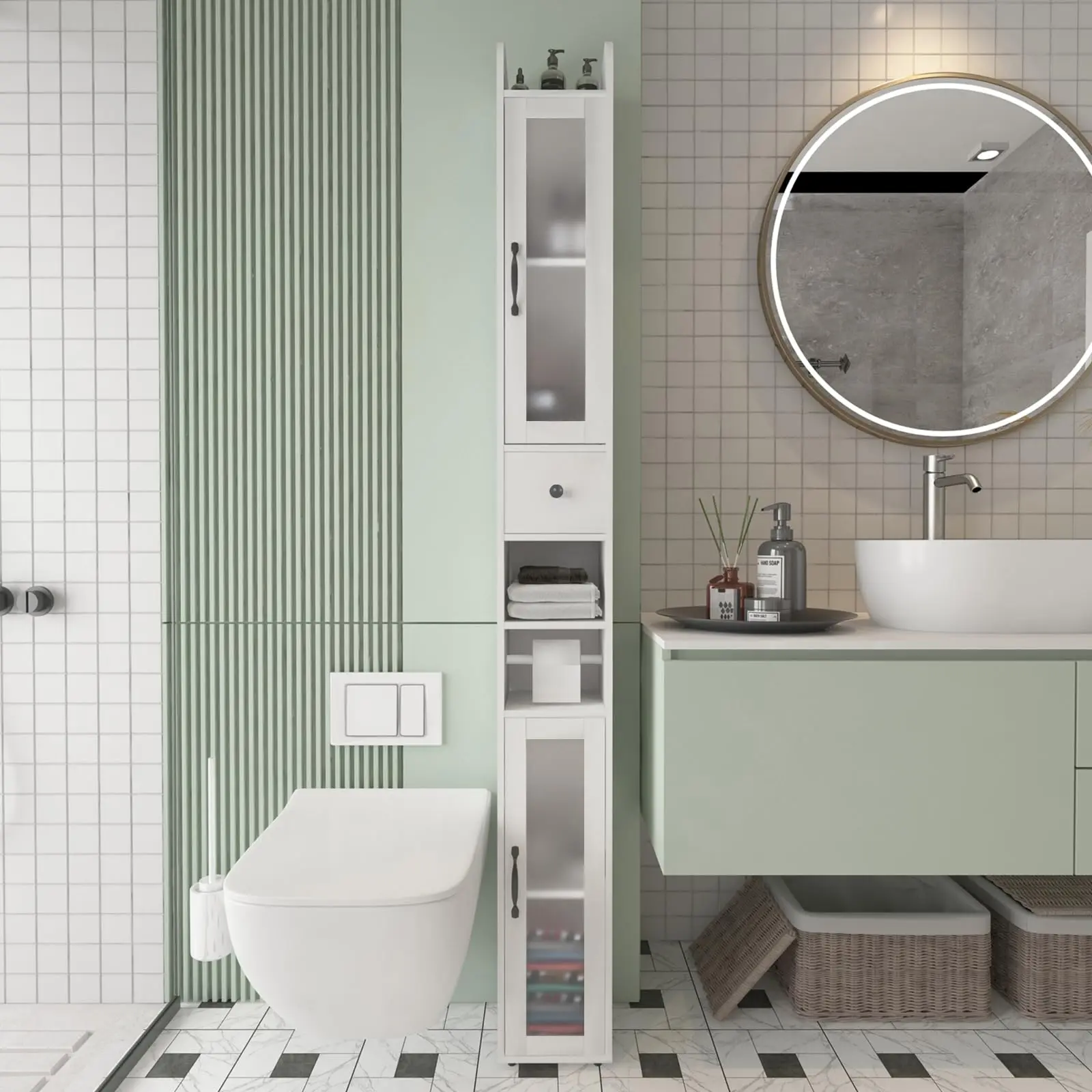 [Summergarden] Vabches Bathroom Cabinet with Adjustable Shelf, Storage Cabinet for Small Space, Tall Cabinet with Retractable Toilet Paper Rod, Narrow Cabinet with 2 Doors, 8 Compartments