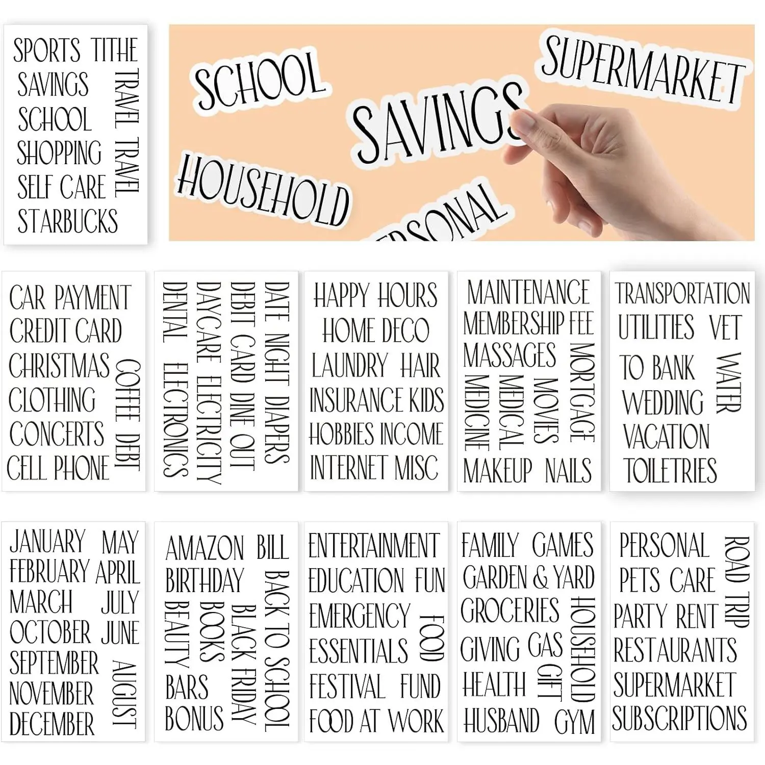 All Caps Pre-Printed Cash Envelope Vinyl Decals - 80-Black, 88-Word, 12-Month Stickers, 4.2"x1.2" Durable Easy-to-Apply, for Budget Planning, Budget Binder