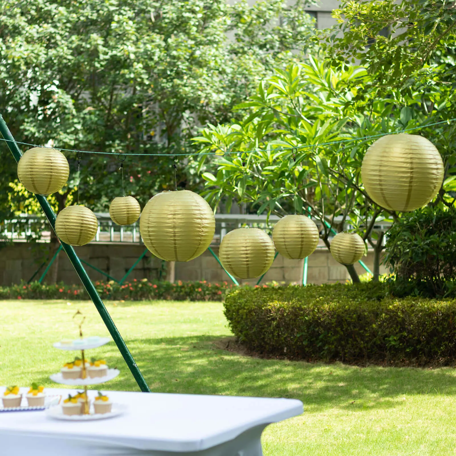 Gold Sky Lanterns Hanging Set - 8-Piece Round Shape Decorations Supplies with Assorted Sizes (6in, 8in, 10in, 14in) for Outdoor Indoor Party Decor