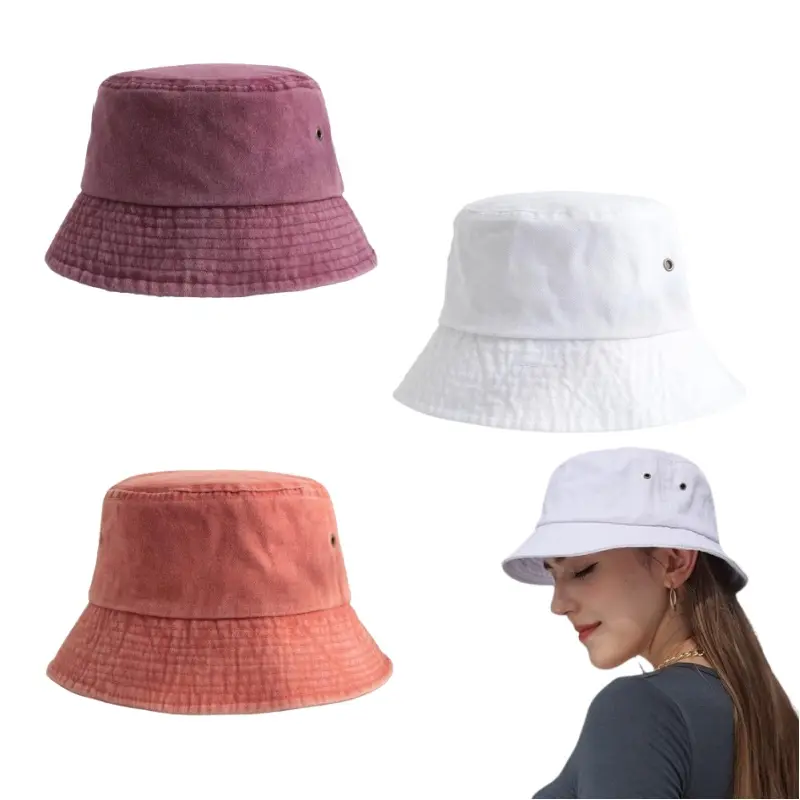 Unisex 100% Cotton 3-Pcs Solid Color Foldable Portable Breathable Wide Eaves Bucket Hat Set - 22.8 in, for Casual Wear, Outdoor Beach Activities, Wide Brim