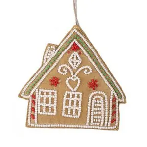 Embroidered & Beaded Gingerbread House Ornament – Green Roof