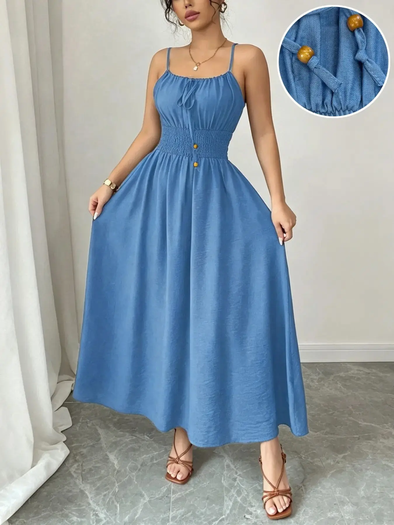 1 Piece Design Adjustable Drawstring Bead Smocked Cami Sleeveless Maxi Dress, Women Summer Vacation Style Casual Flowy Chic Beachwear Dress
