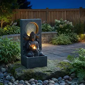 28-inch tall outdoor Buddha statue waterfall fountain with LED lights, a freestanding and soothing water feature, featuring Asian Zen-inspired feng shui design. Suitable for courtyards, gardens, backyards, patios, and indoors, it makes an ideal gift.