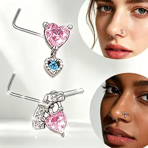 20G 7mm Pink Nose Rings for Women Durability Titanium Steel L-shaped Nose Studs Unique Style Nose Piercings with Pink Blue Heart-shaped Pendant Perfect Gifts for Women Septum Clicker Permanent Jewelry