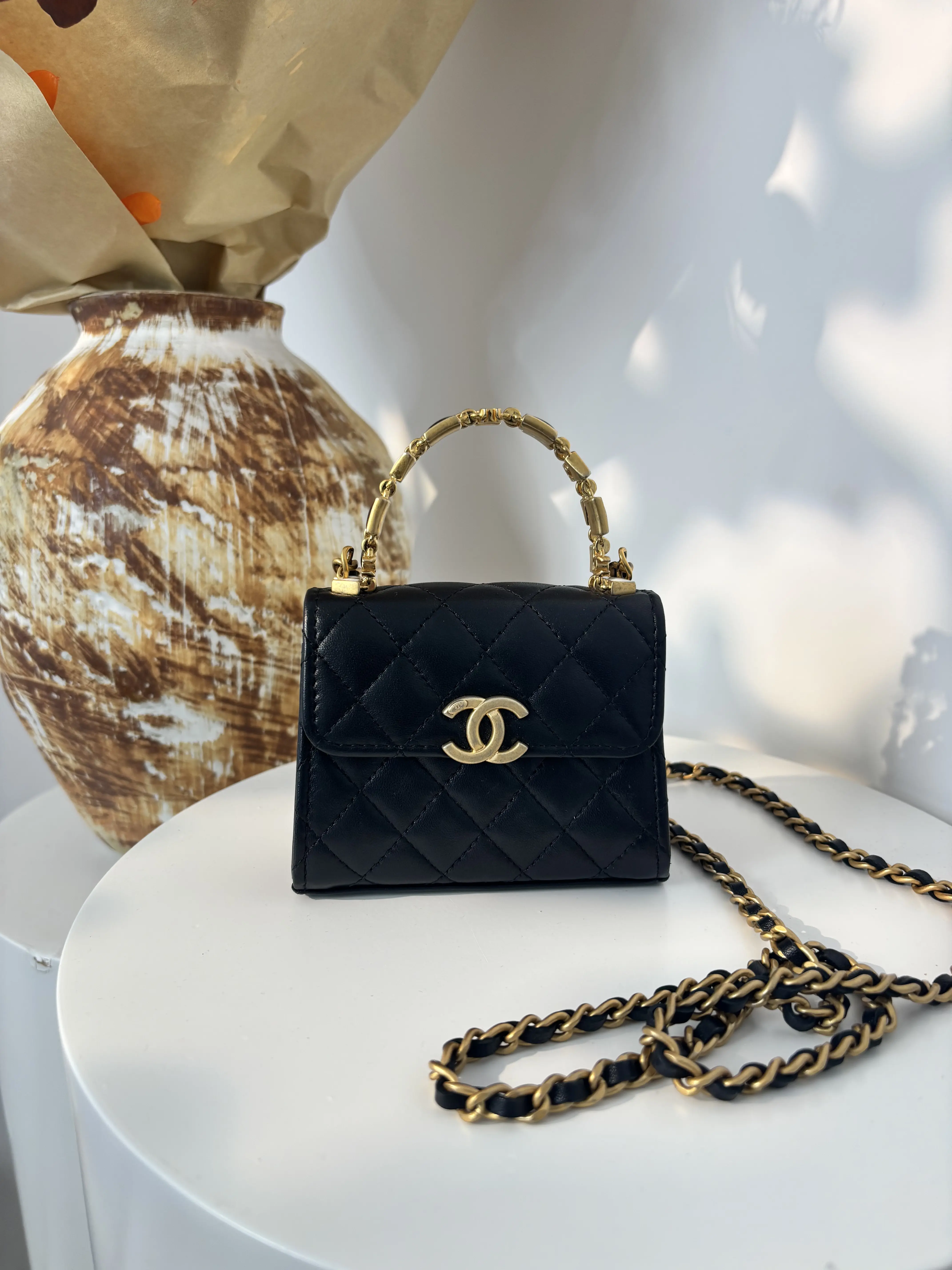 Pre-owned CHANEL lambskin Crossbody Bags 2021 2026 Mini Quilted Enameled Top Handle Flap satchel