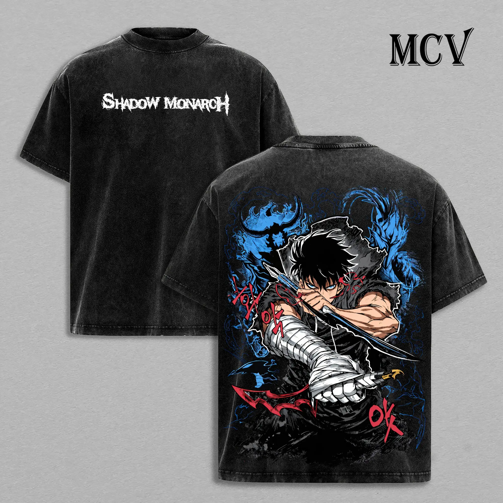 Solo Leveling Shadow Monarch Oversized Graphic T-Shirt Vintage Acid Wash Black Cotton Tee Sung Jinwoo Anime Streetwear Men Women Casual Harajuku Top Workout Gym Shirt Manhwa Manga Fan Apparel Distressed Retro Y2K Clothing E-Boy Gothic Fashion Tops