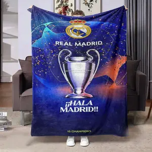 Comfortable Flannel Blanket, Real Madrid Uefa Champions League Theme, Blue Silver Color Print, Ideal for Living Room & Camping