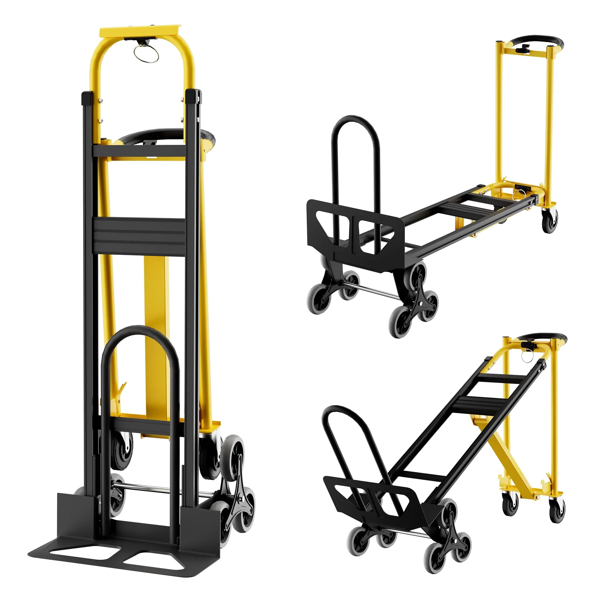 Garvee 3-in-1 Convertible Aluminum 3-in-1 Cart, 800 lbs Capacity Stair Climbing Hand Truck Dolly with 2-Wheel Mode, 2 Straps, Heavy Duty Platform Trolley for Warehouse Heavy Moves (Yellow+Black)