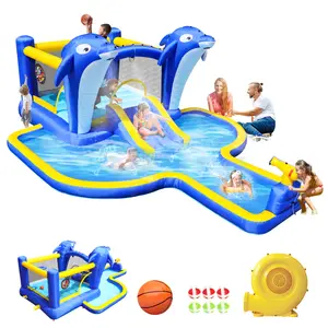 Inflatable Bounce House Water Park for Kids with Water Slides, Water Slide Inflated Bouncer, Kids Bounce House with 8 in1 Inflatable Slide Water Park Trampoline Bouncing House Outdoor Garden with  Dolphin Sprinkler & Target Games & Water Gun & Basketball