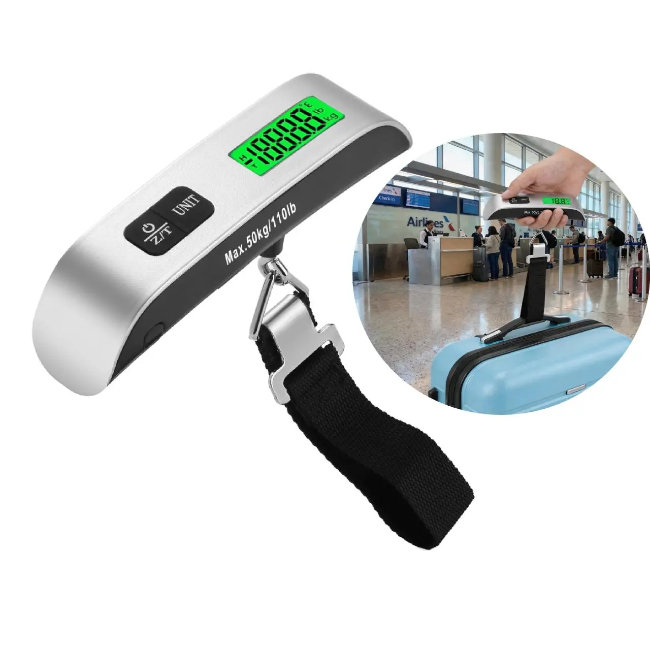 Padicaca Compact Digital Luggage Scale, 110lb Capacity, Backlit LCD Display, 4-Unit Switch, Auto Off, Steel Hook for Suitcase, Backpack Travel Needs