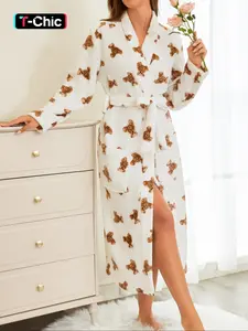 Women's brown teddy bear printed nightgown, thick robe, autumn and winter velvet warm home clothes, casual and elegant vacation pajamas for going out
