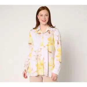 Dennis Basso Petite Printed Caviar Crepe Top with Enamel Buttons