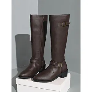 Women's High-End Long Boots, Metal Buckle Detail, Classic Style, PU Leather Upper, Rubber Sole, All Seasons Wear, Versatile Fashion