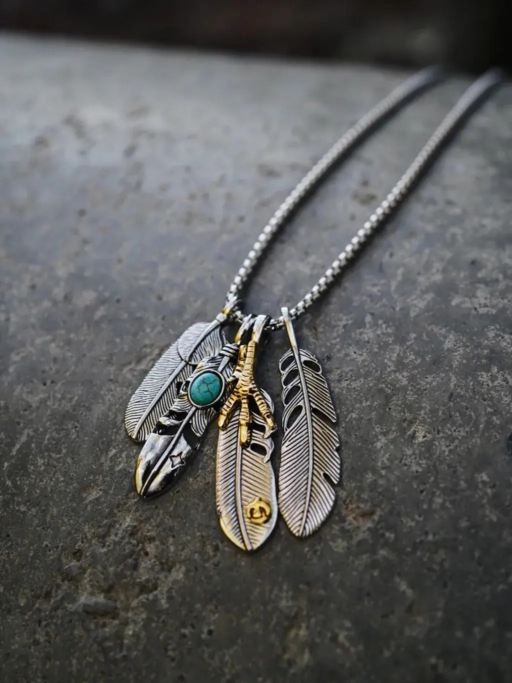 Men's 4-Pcs Vintage Turquoise Eagle Claw Charm Necklace Set, Stainless Steel Chain Link Jewelry with Angel Feathers Pendant, Polished Finish for Daily Wear Streetwear Hip Hop Boho Style, Stainless Steel Jewelry