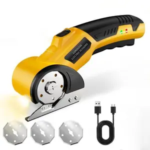 Cordless Electric Scissors 4V – Rechargeable Heavy Duty Cutter with Safety Lock, LED Light, Long Battery Life & 2 Extra Blades | Easy-to-Use Wireless Shears for Cardboard, Packaging, Fabric, Plastic, Recycling, Yellow with Storage Bag