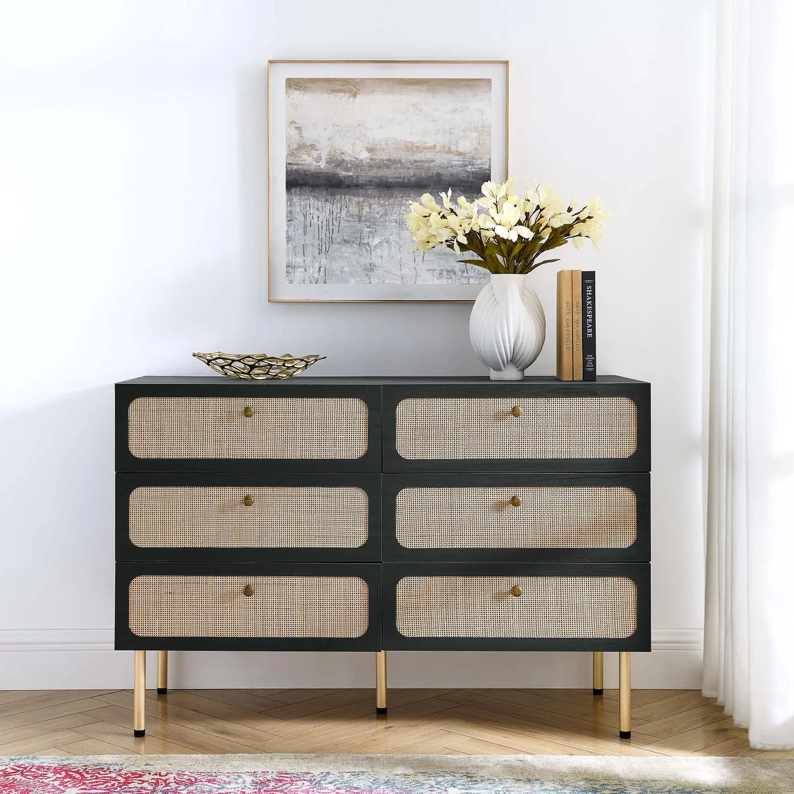 Modway Chaucer 6-Drawer Compact Dresser - Black Indoor Furniture, Space-Saving Chest of Drawers