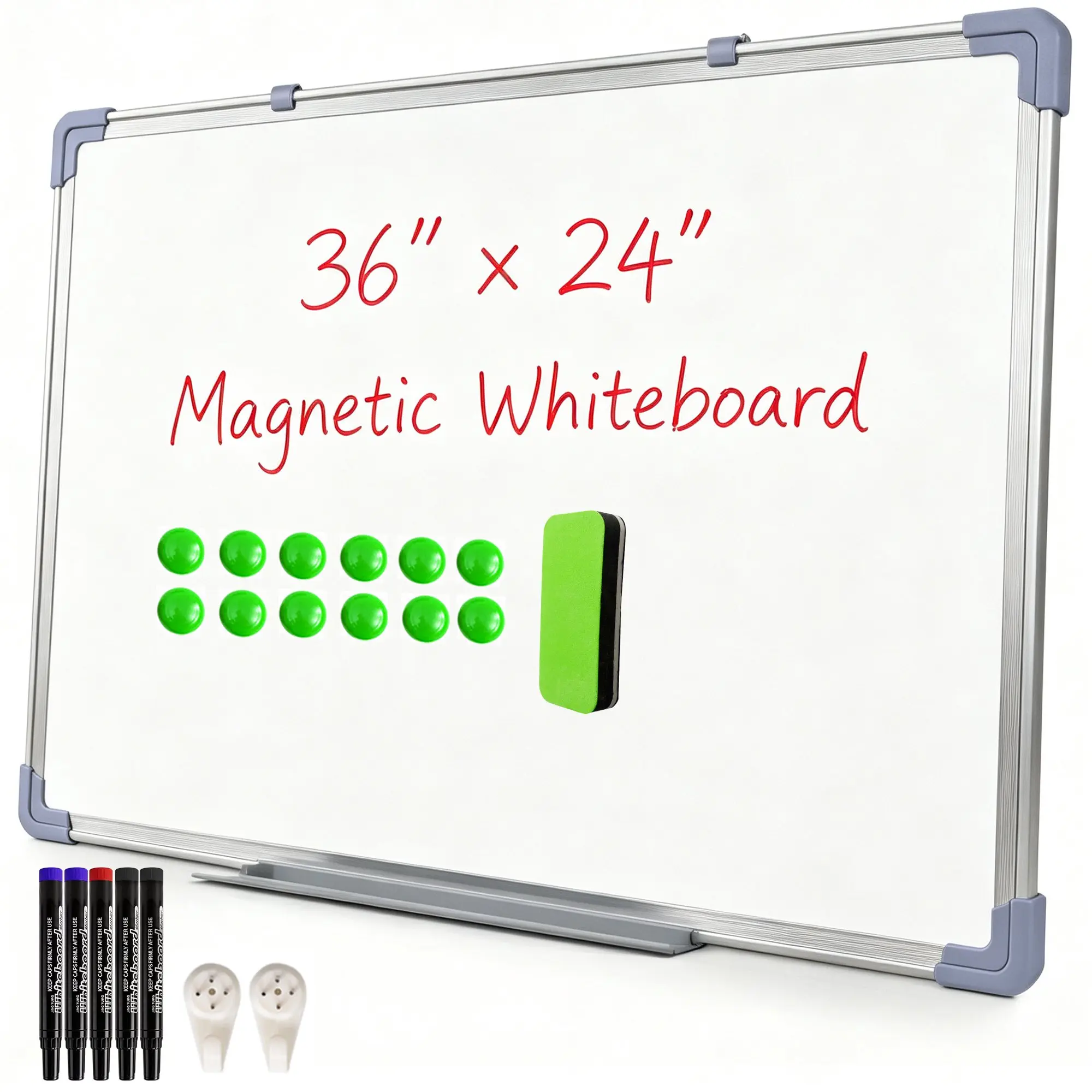 Magnetic Dry Erase White Board, 36x24 in Aluminium Frame with Marker Tray for Office, Classroom Use