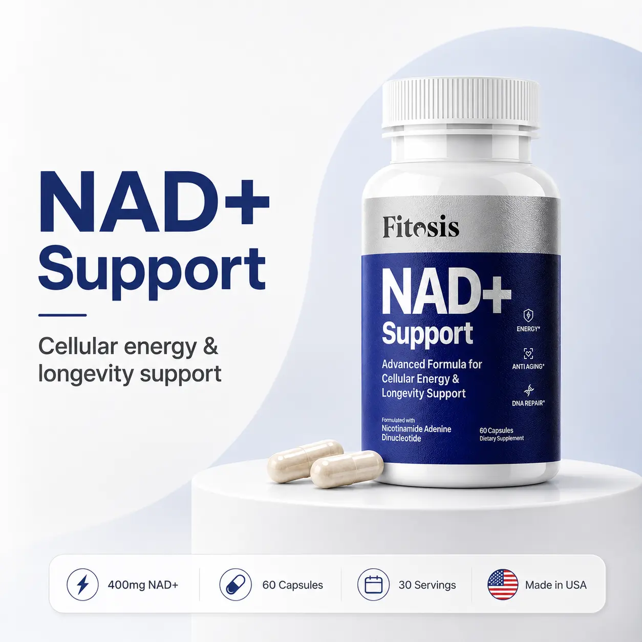 Fitosis NAD+ Support | Nicotinamide Adenine Dinucleotide 400mg | Cellular Energy & Longevity | 60 Capsules