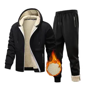 Men's Two-Piece Winter Hooded Cozy Fleece Set, Outdoor Casual Plush Warm Stylish Versatile Jacket and PantsPulW