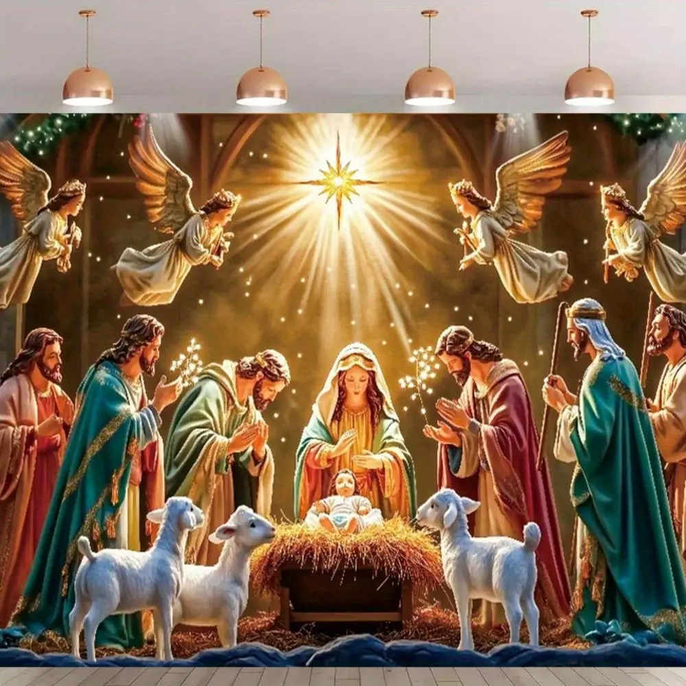 1pc Polyester 2D Flat Nativity Scene Banner - Illustrated Religious Art with Angels, Shepherds, Christmas Ornaments, Indoor-Outdoor Wall Hanging Backdrop for Holiday Party Decorations