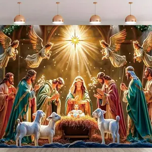 2D Flat Nativity Scene Banner, 1pc Polyester Religious Art with Angels and Shepherds (Illustrated Style), Indoor-Outdoor Backdrop for Christmas Party, Birthday Decorations, Entryway Hanging Banners