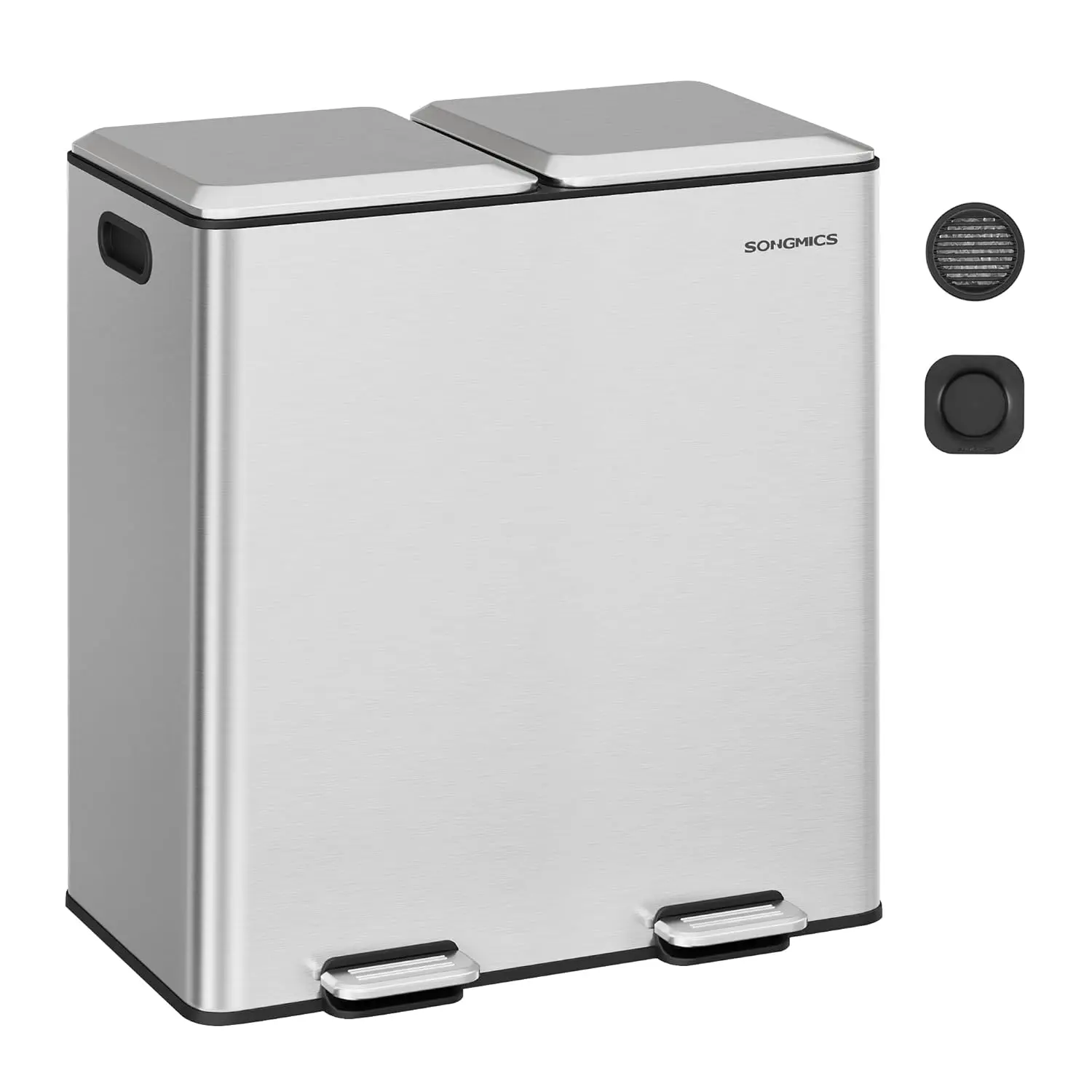 2 x 8 Gallon (2 x 30 L) Double Garbage Can with Soft-Close Lids, Removable Inner Buckets, Pedals, Stainless Steel, for Waste and Recycling