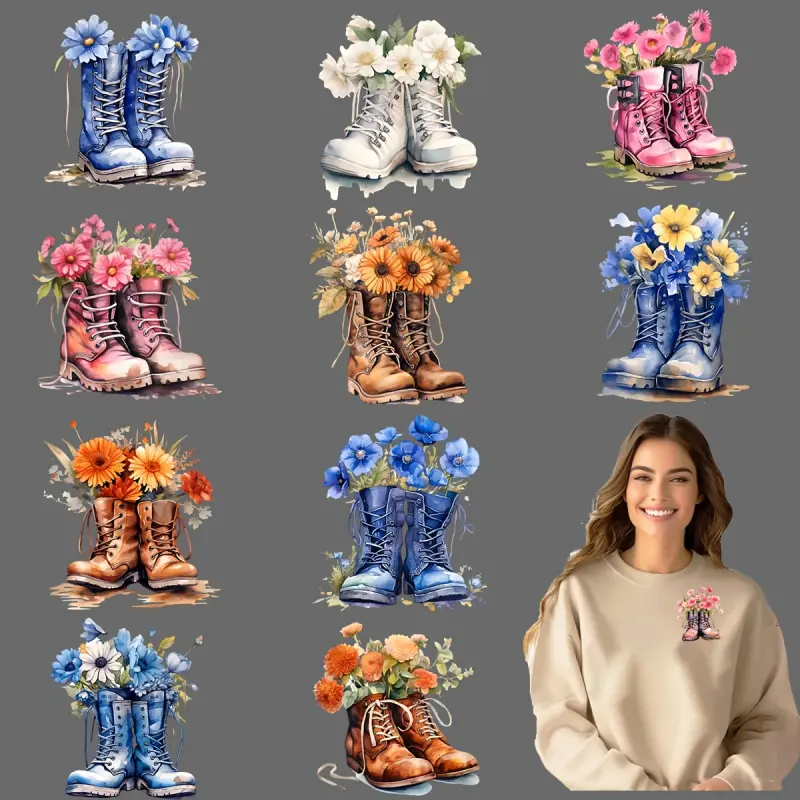 12 Pairs of Flower-Colored Shoes DIY Transfer DTF Transfer Stickers, Washable Heat Transfer Design, No-Iron Appliques for T-Shirts, Masks, Jeans, Backpacks, Handcraft