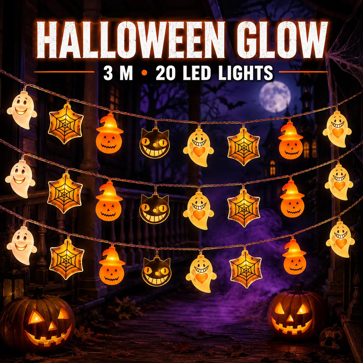 3M 20 LED Halloween Character String Lights, Spooky Ghost Pumpkin Cat Spiderweb Creepy Head Fairy Lights for Indoor Outdoor Porch Party Home Decor
