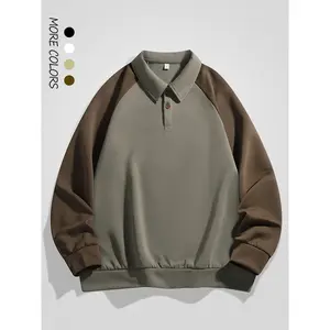 Men's Colorblock Patchwork Raglan Sleeve Sweatshirt, Casual Regular Fit Long Sleeve Button Front Polo Shirt for Fall & Winter, Men's Clothes for Daily Wear