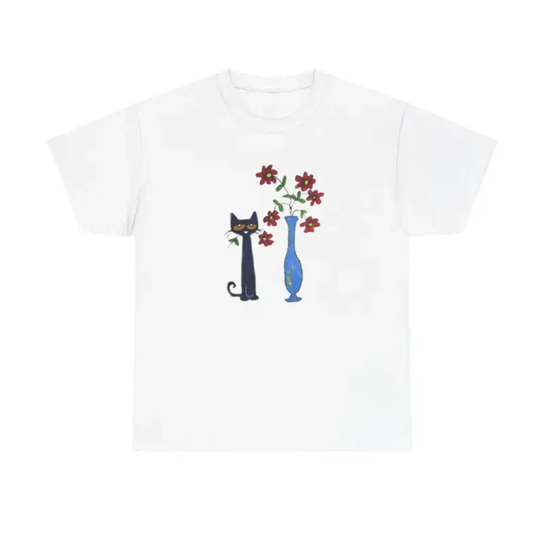 Pete the Cat Flower T-Shirt, Y2k Cat Tee, Funny Meme Animal Tee, Gifts Shirt, Unisex Vintage Graphic Tees Gothic Grunge Y2k Emo Scene Amity Affliction Style Clothes Men Women Streetwear