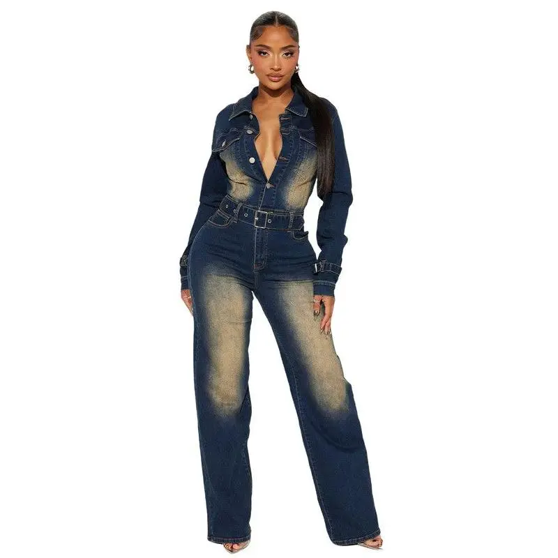 Women's Fashion Denim Overalls Jumpsuit, Long Sleeve, Sexy Design, Functional Pockets with Patch Pockets