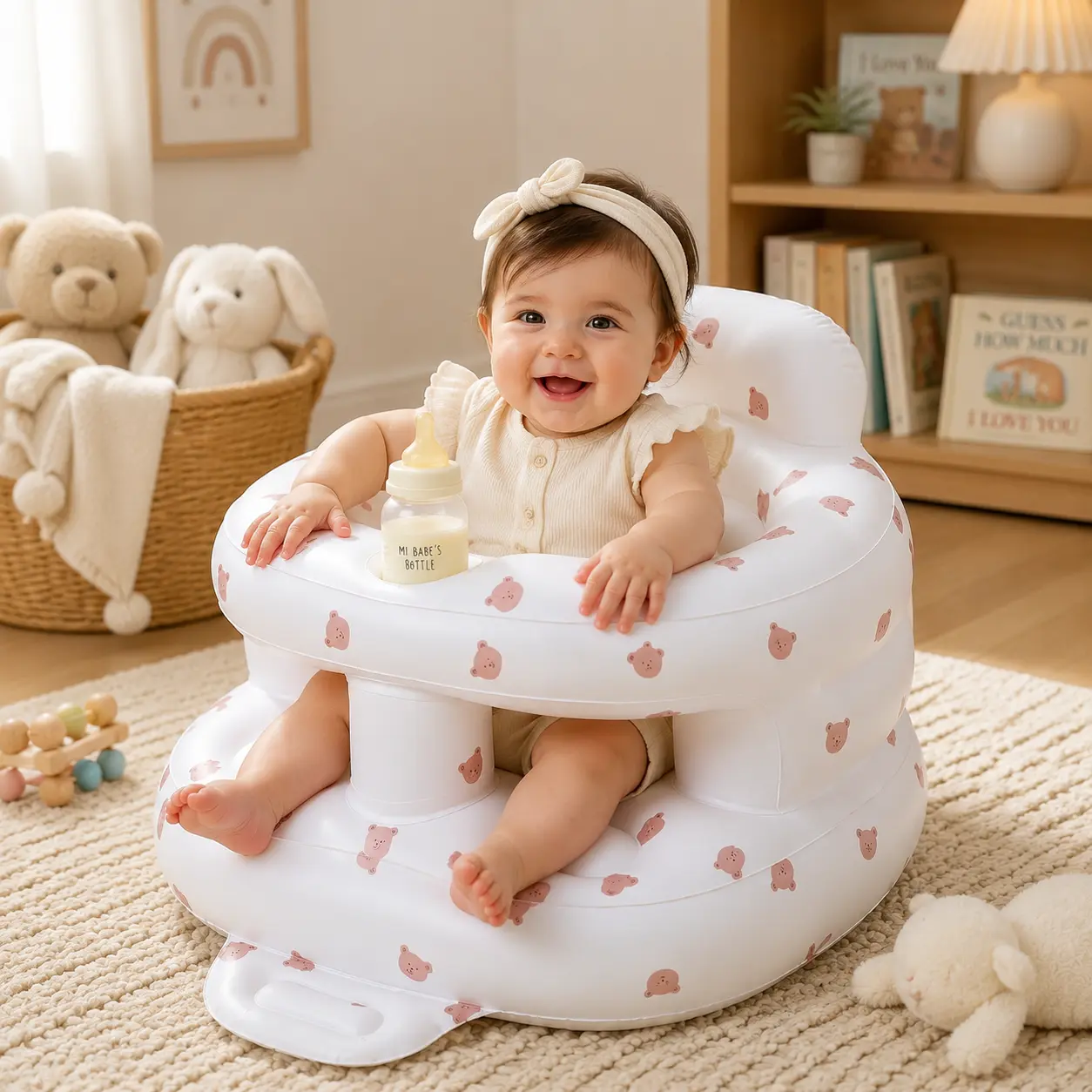 Inflatable Baby Floor Seat with Built-in Pump, Back Support & Portable Design | Blow Up Chair for Infants 3-36 Months, Home & Travel Use - Brown Bear