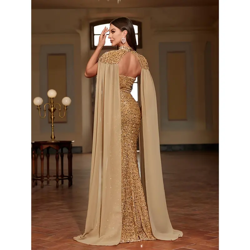 open lace back dress Trumpet Mermaid Gold Sequin Prom Dress With Cape main image 1