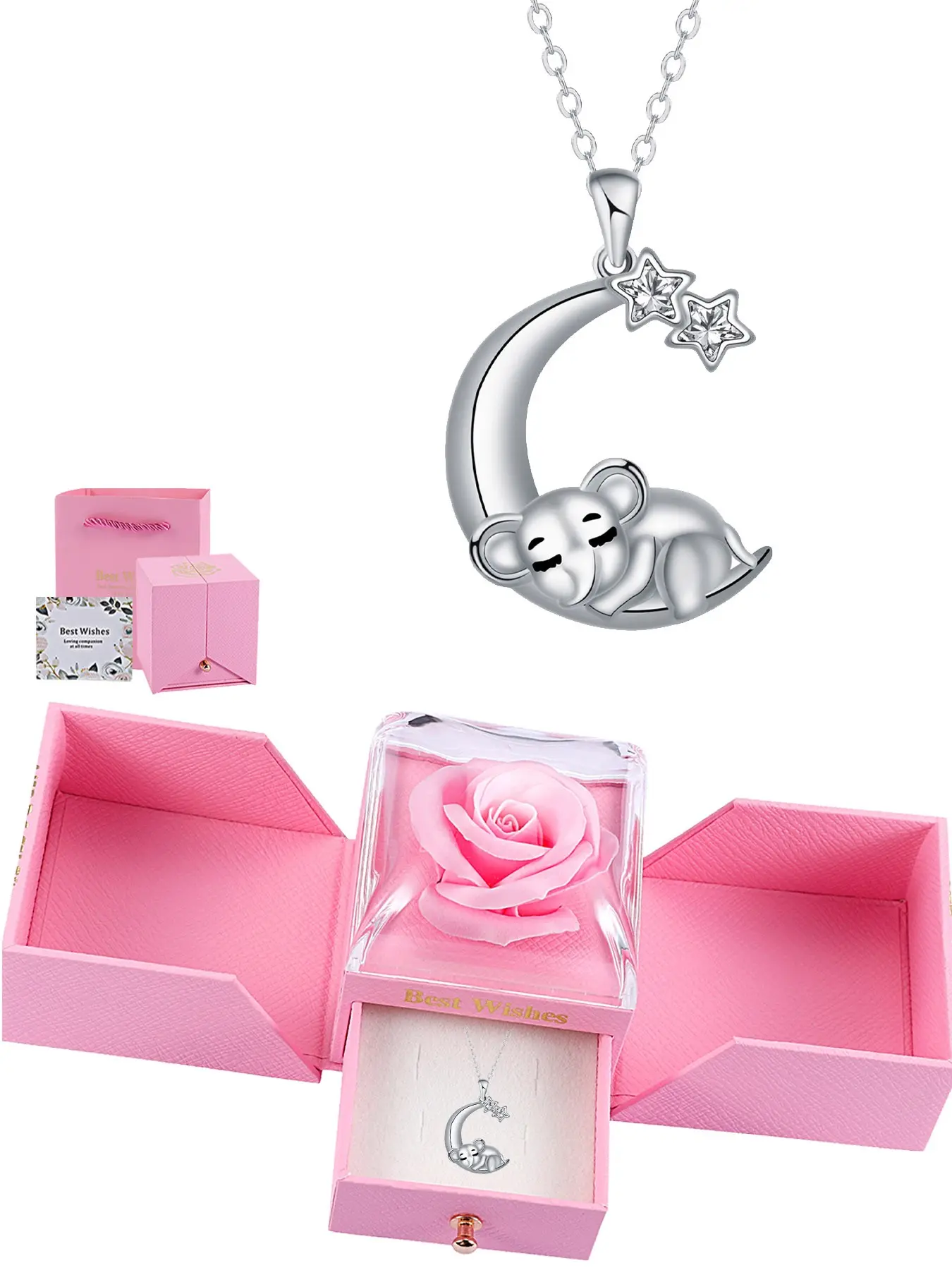Adorable Elephant Pendant Necklace Moon Star Charm Elegant Women Jewelry with Eternal Flower Rose Box Necklace for Daughter Ideal Gift for Wife Girlfriend Friend Birthday Festival Anniversary Exquisite Jewelry Gift