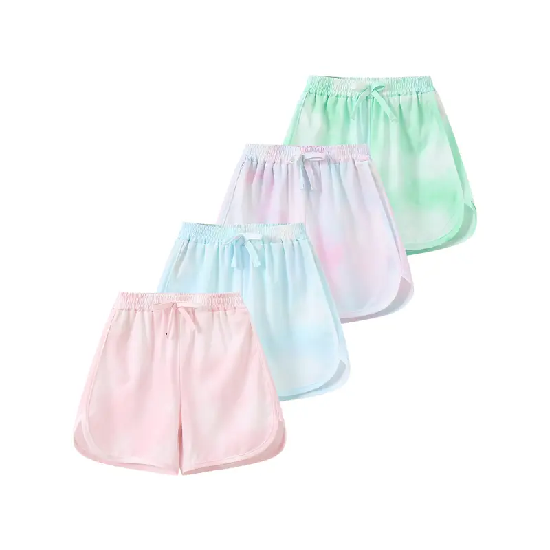 4-Pack Girls' Summer Dopamine Gradient Tie-Dye Shorts: High-Waisted, Loose-Fitting, Slimming, Wide-Leg Shorts-Versatile for Home, Outings, and Casual Wear; Breathable Shorts