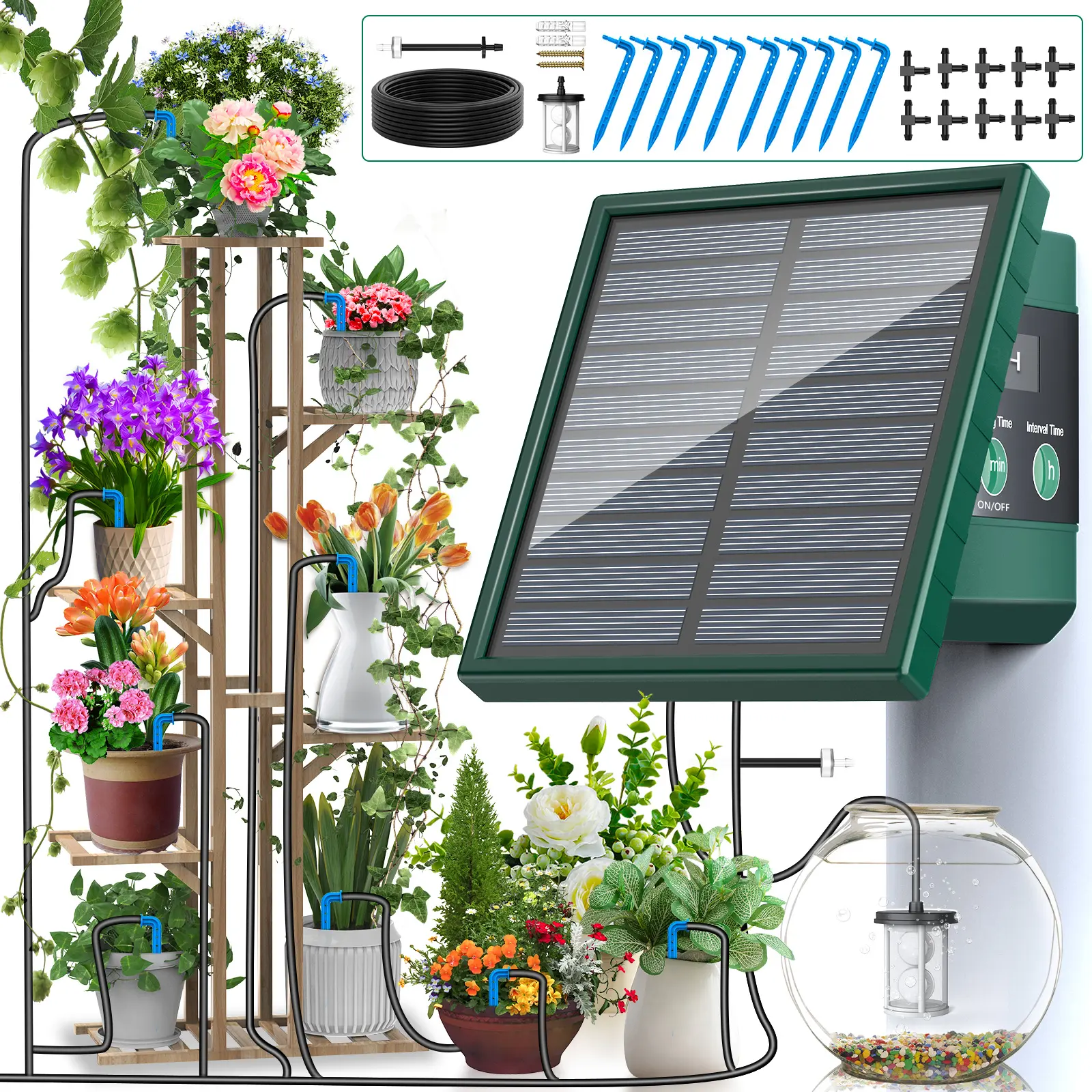 Solar Intelligent Drip Irrigation System, Automatic Watering System, Automatic Watering Devices, Garden Accessories, 1500mah Battery, Long Battery Life, Multiple Timing Functions, Outdoor Lawn & Potted Plant Irrigation
