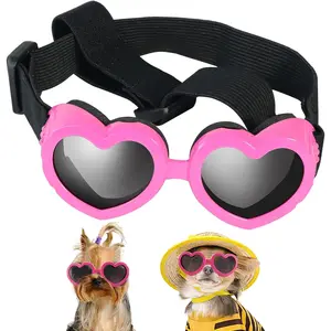 Small Breed Dog Heart-Shaped Sunglasses UV Protection with Adjustable Strap Waterproof Windproof Anti-Fog Eye Protection Goggles Pet Beach Accessories (Pink)